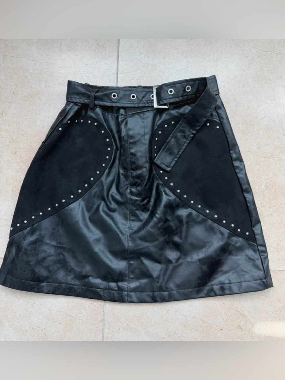Black Faux Leather A-Line Skirt with Studded Suede Panels